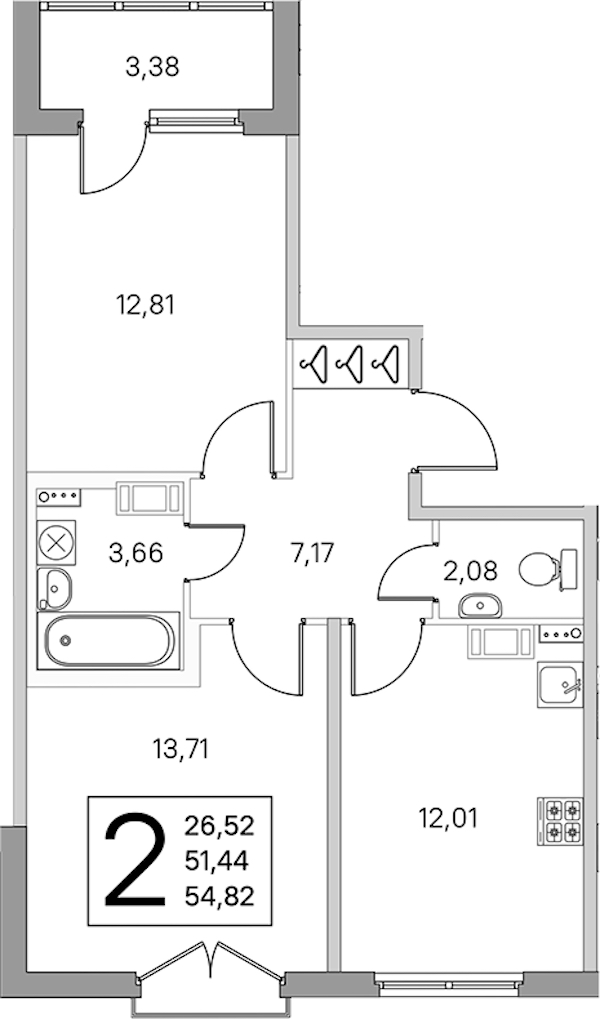 2-комнатная квартира 53.13 м², 3/4 эт., ЖК «Любоград в Стрельне»